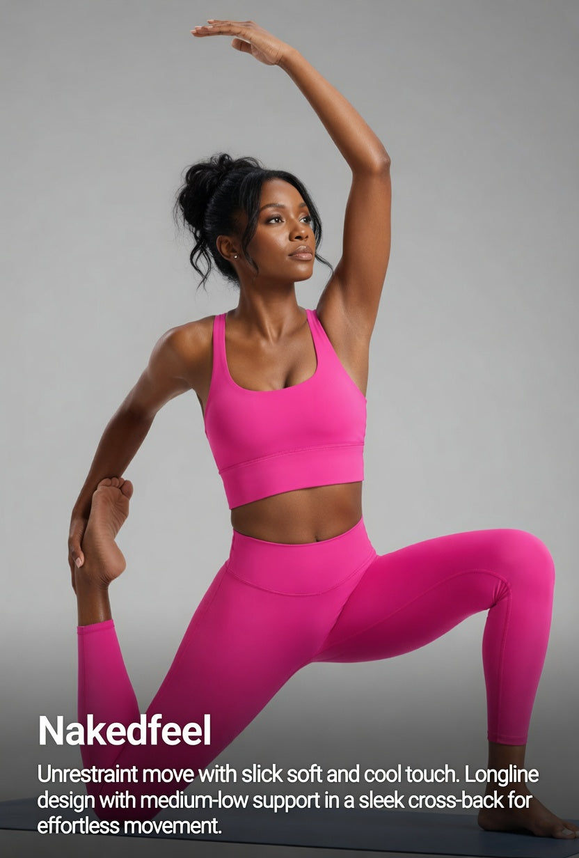 Cross back sports bra with medium support, criss-cross back design, and breathable four-way stretch fabric for yoga and workouts.