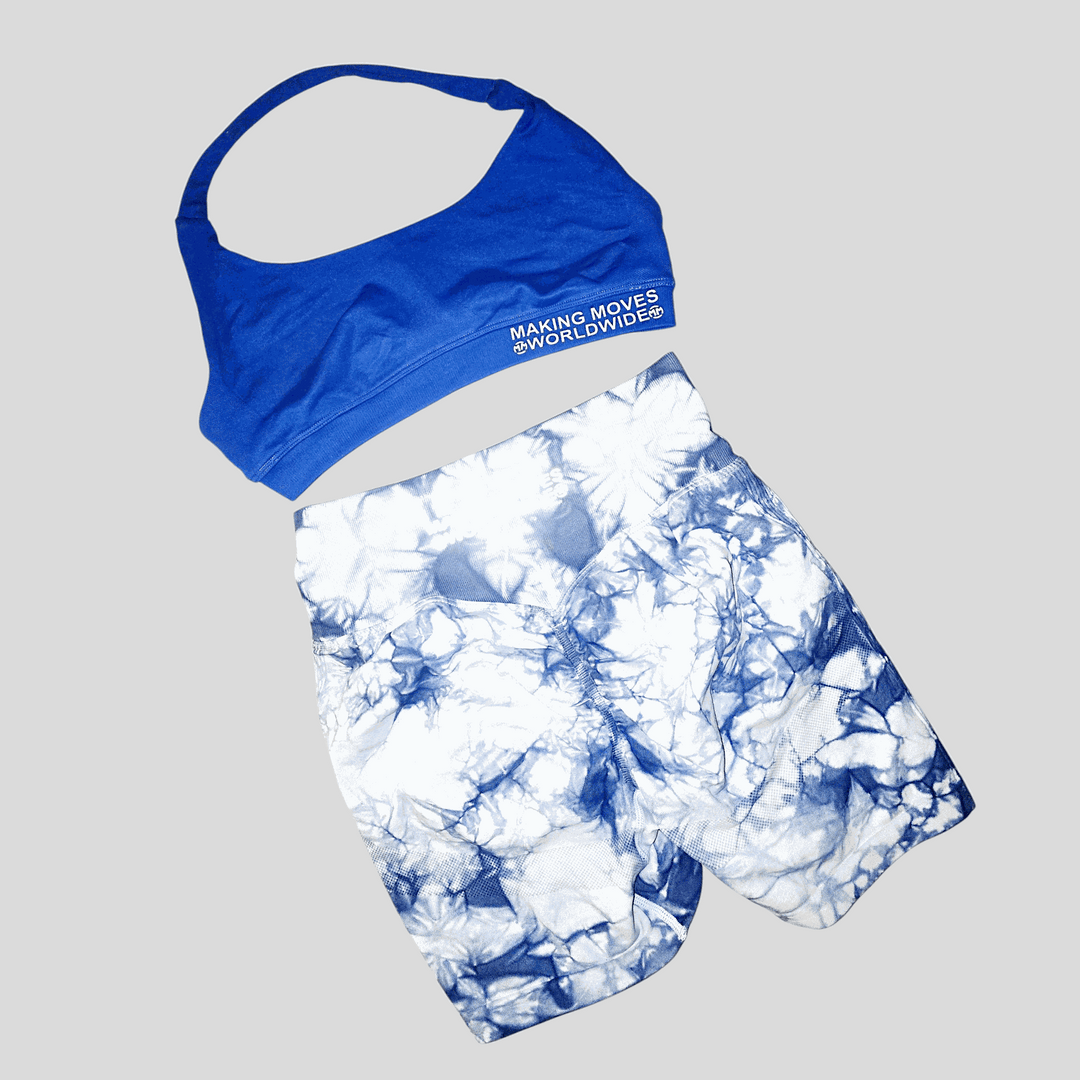 Tye dye scrunch butt limitless shorts with blue and white pattern, designed for comfort and style.