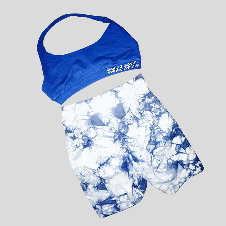 Tye dye scrunch butt limitless shorts with blue and white pattern, designed for comfort and style.