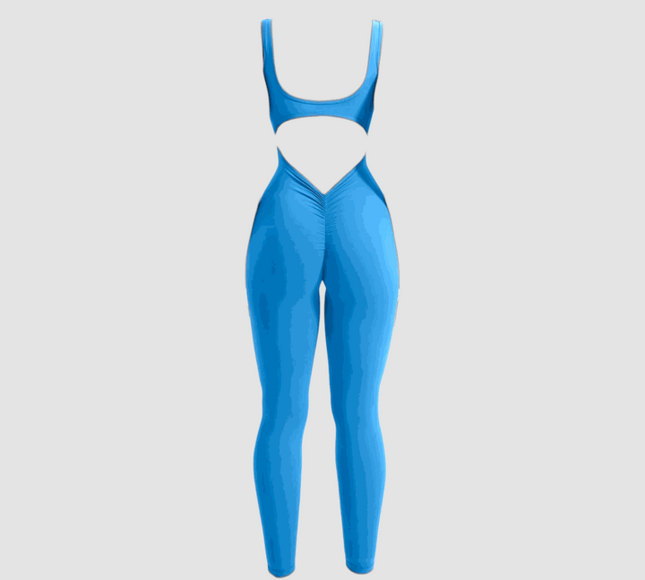 Power Sleeveless Jumpsuit with V-shaped scrunch back in bright blue.