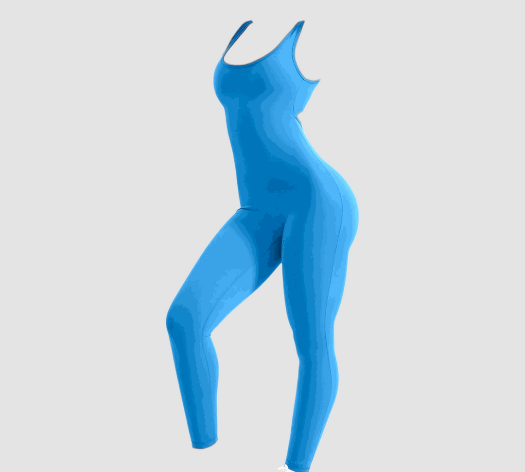 POWER SLEEVELESS JUMPSUIT in blue with figure-accentuating V-shaped scrunch back.