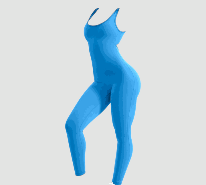 POWER SLEEVELESS JUMPSUIT in blue with figure-accentuating V-shaped scrunch back.