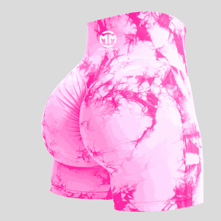 Tye dye scrunch butt shorts with 4-way stretch fabric in pink.