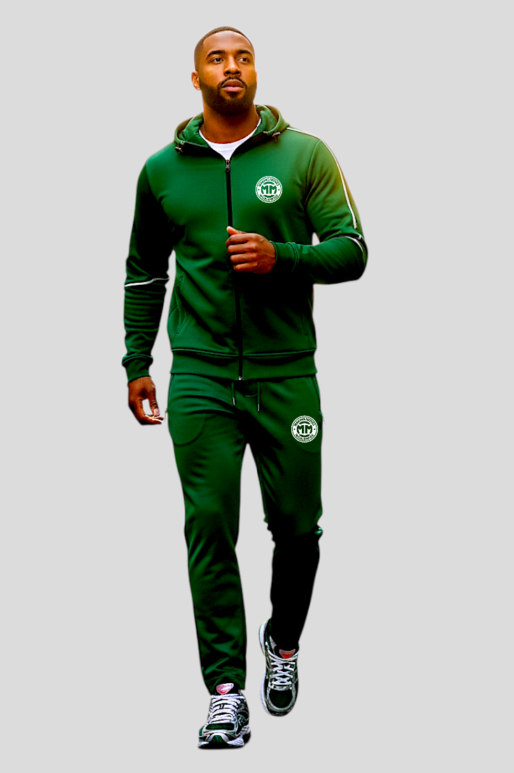 Man wearing green UNSTOPPABLE tracksuits with hoodie and zippered pockets for activewear and casual outings