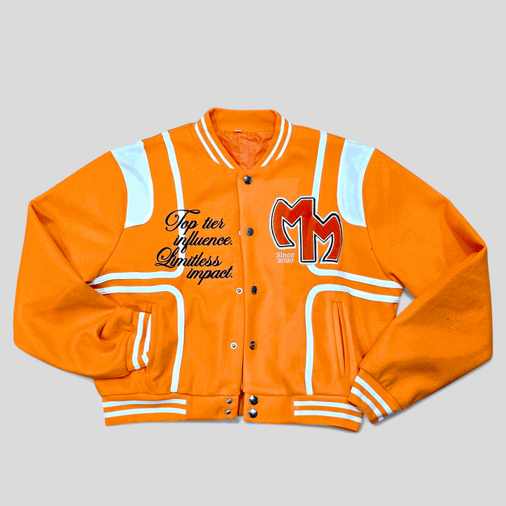 Legacy Varsity Jacket in orange with band collar, metal button closure, and embroidered details.