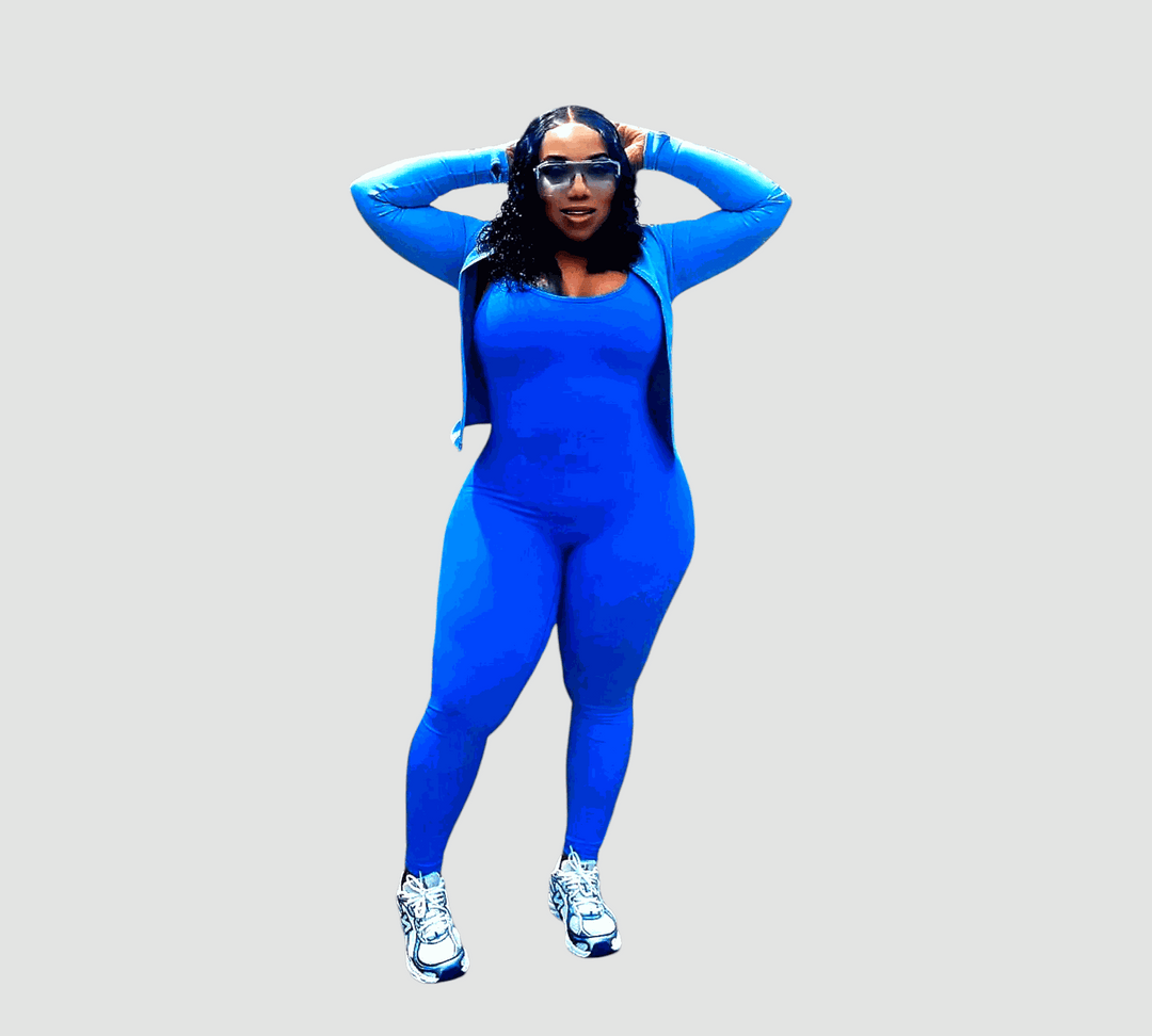 POWER SLEEVELESS JUMPSUIT in blue with detachable padding, V-shaped scrunch back, ideal for workouts.