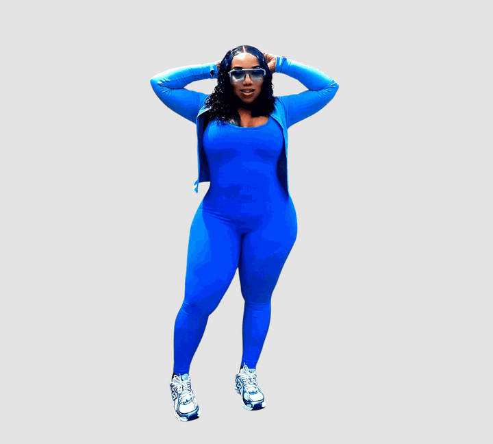 POWER SLEEVELESS JUMPSUIT in blue with detachable padding, V-shaped scrunch back, ideal for workouts.