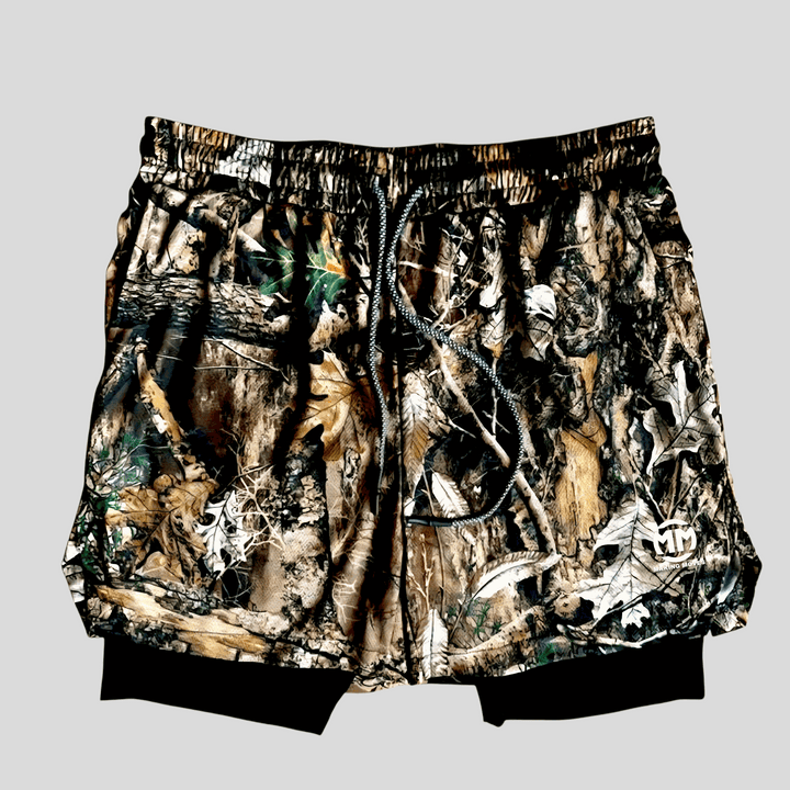 Performance 5 Shorts with camouflage print, 2-in-1 design, compression inner lining, multiple pockets, and elastic waistband for workout comfort.