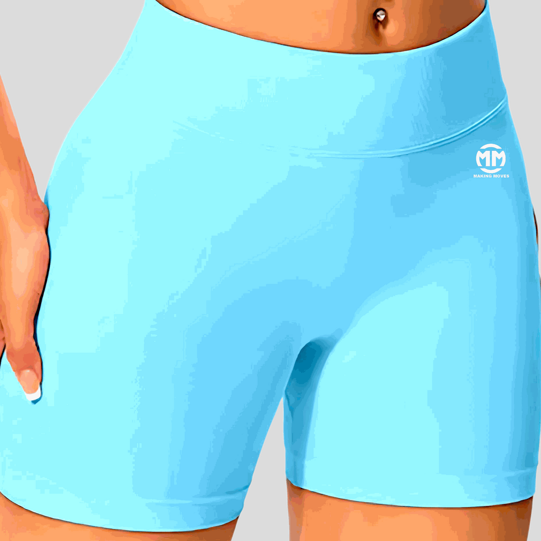 Light blue Power Shorts with a 4.5-inch low ribbed band and scrunch butt design for enhanced fit and muscle support.