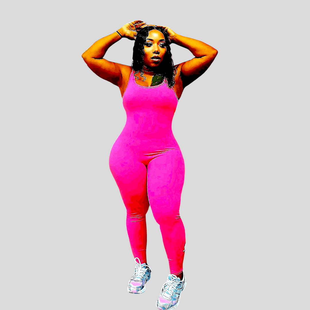 POWER SLEEVELESS JUMPSUIT for fitness, pink, moisture-wicking, V-shaped scrunch back.