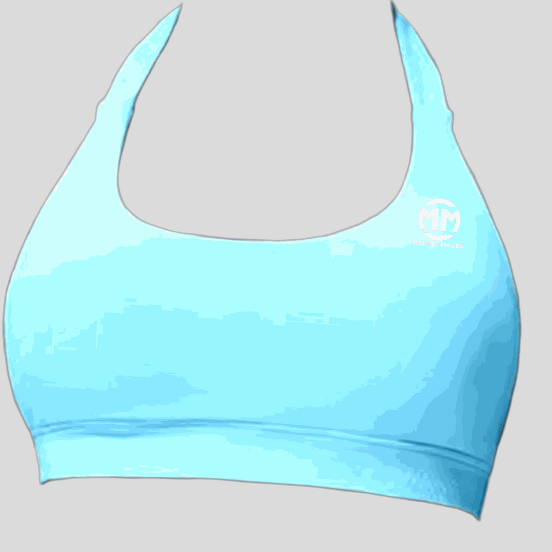 Light blue Power Halter Sports Bra with seamless halter neck and open back design for medium support and true-to-size fit.