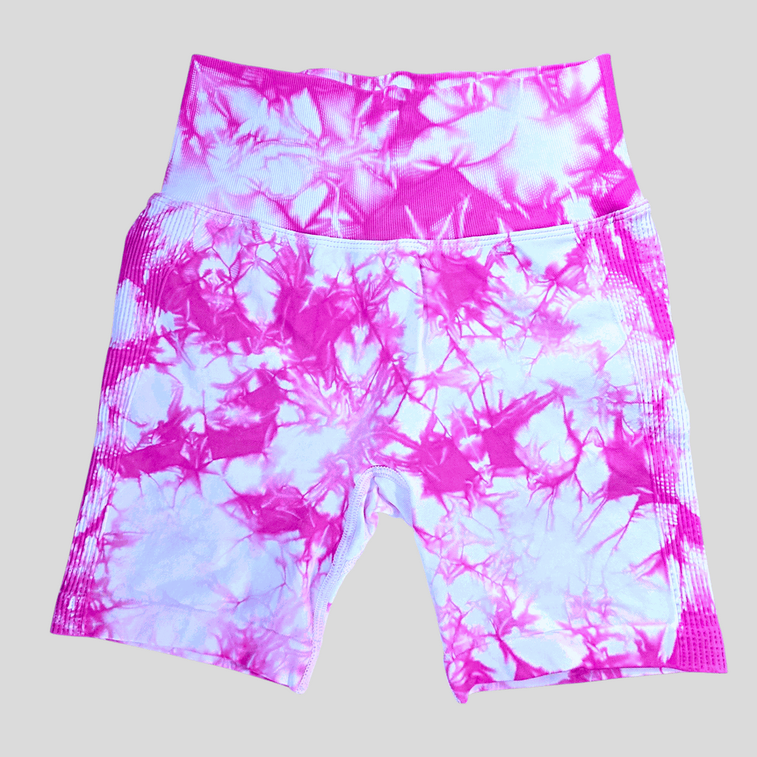 Tye dye scrunch butt limitless shorts with pink and white pattern, 4-way stretch fabric, trendy and form-flattering design.