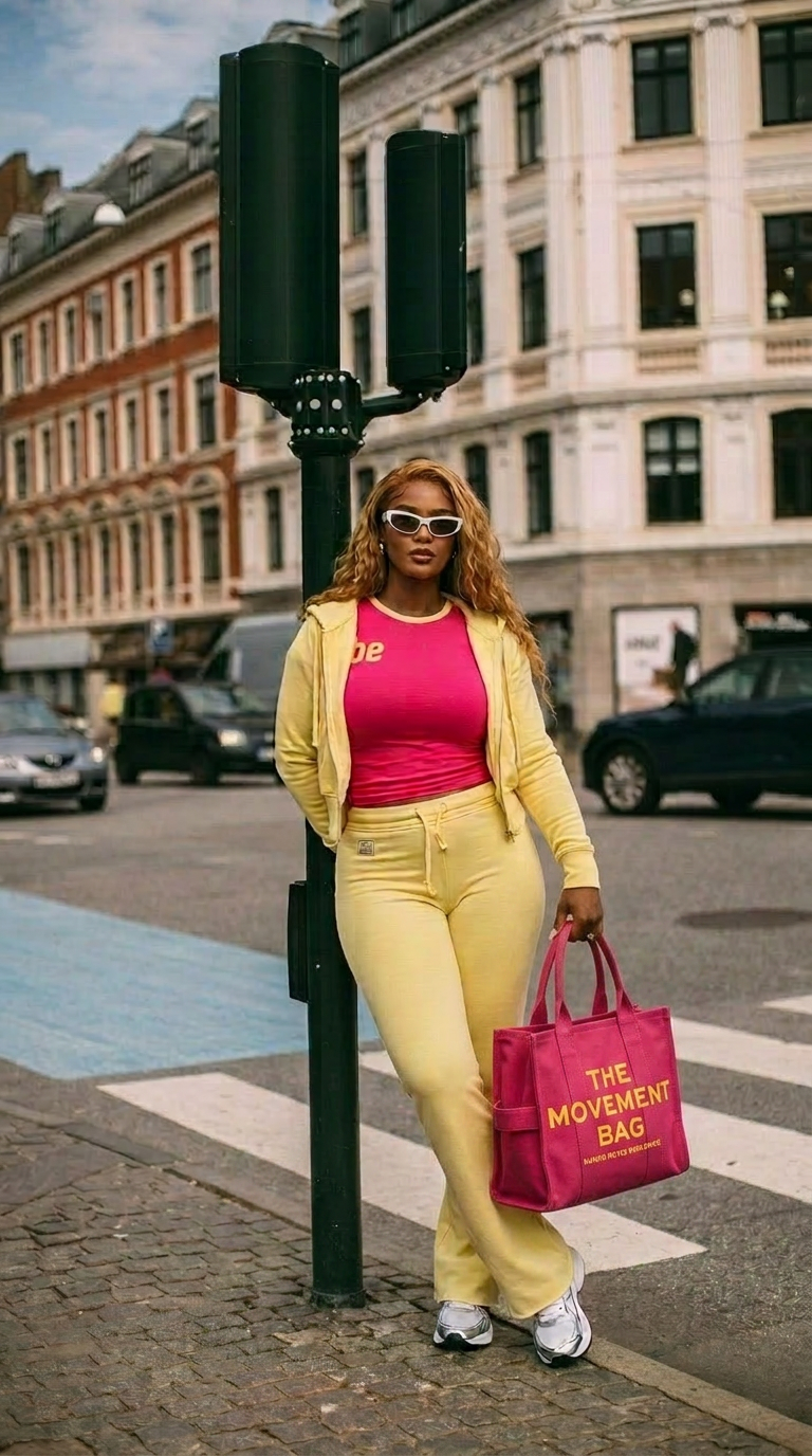 Woman wearing elevated tracksuit with cropped zip-up hoodie and high-waisted flare pants in soft knit fabric