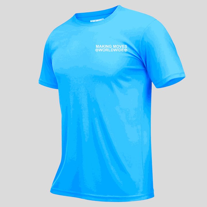 Performance Muscle Tee in blue with crew neck and short sleeves made from lightweight, breathable polyester fabric.